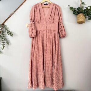 OPT Pink Maxi Dress Textured Button Front Puff Sleeve V Neck Boho L